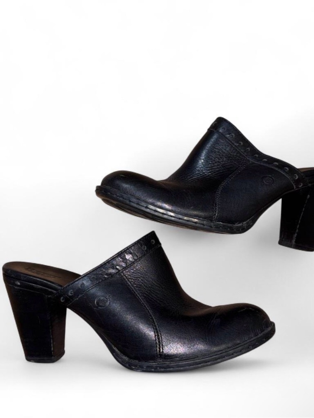 Born Black Leather Heeled Clog Mules